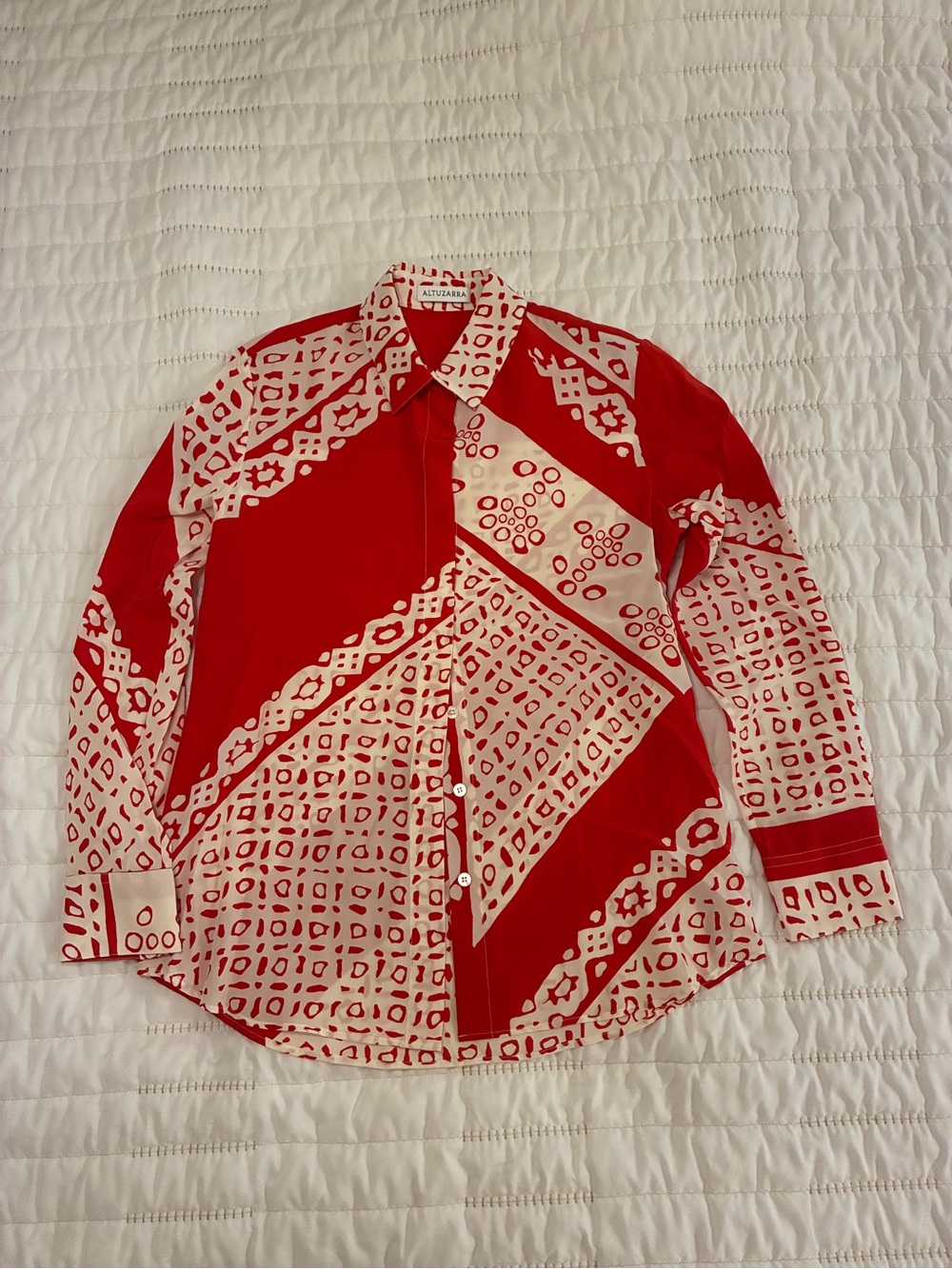 Altuzarra Red and White Geometric Print Silk Button-Down Shirt